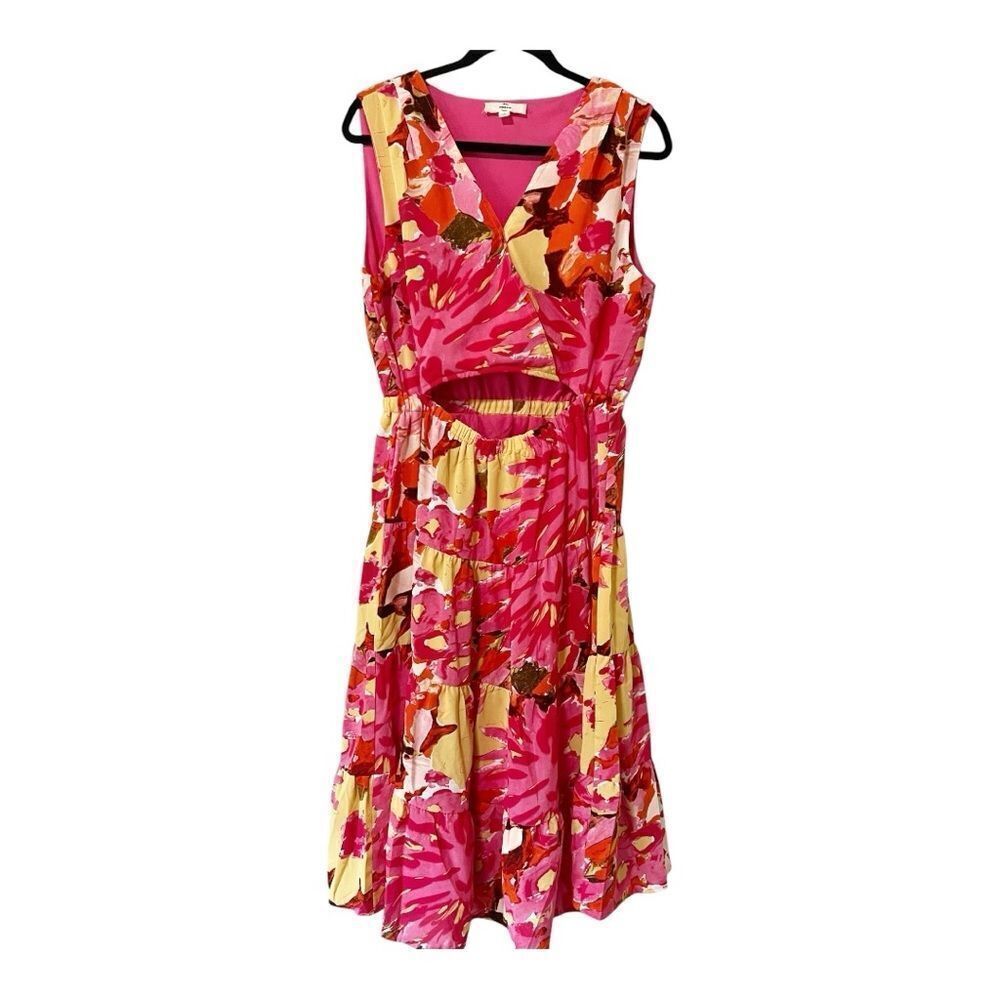Entro Womens Sleeveless Multicolor V Neck Cut Out Tiered Floral Midi Dress Large